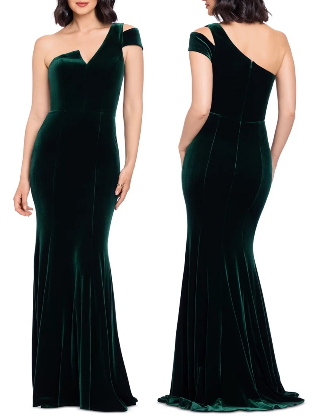 NEW BETSY & ADAM Hunter Green ONE SHOULDER Velvet MERMAID Evening Dress GOWN 12